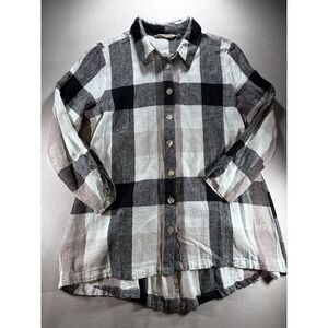 Soft Surroundings Size M Plaid Carreaux Linen Blend Button Up Back Zip Shirt